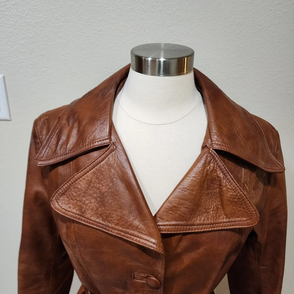 Vintage Leather Trench Coat Full Length 70s Genuine Cognac Leather size Medium - Picture 2 of 16